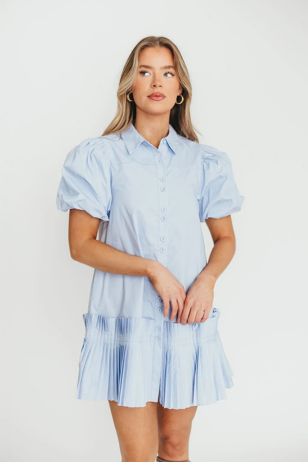 Alicia Pleated Hem Mini Dress in Powder Blue