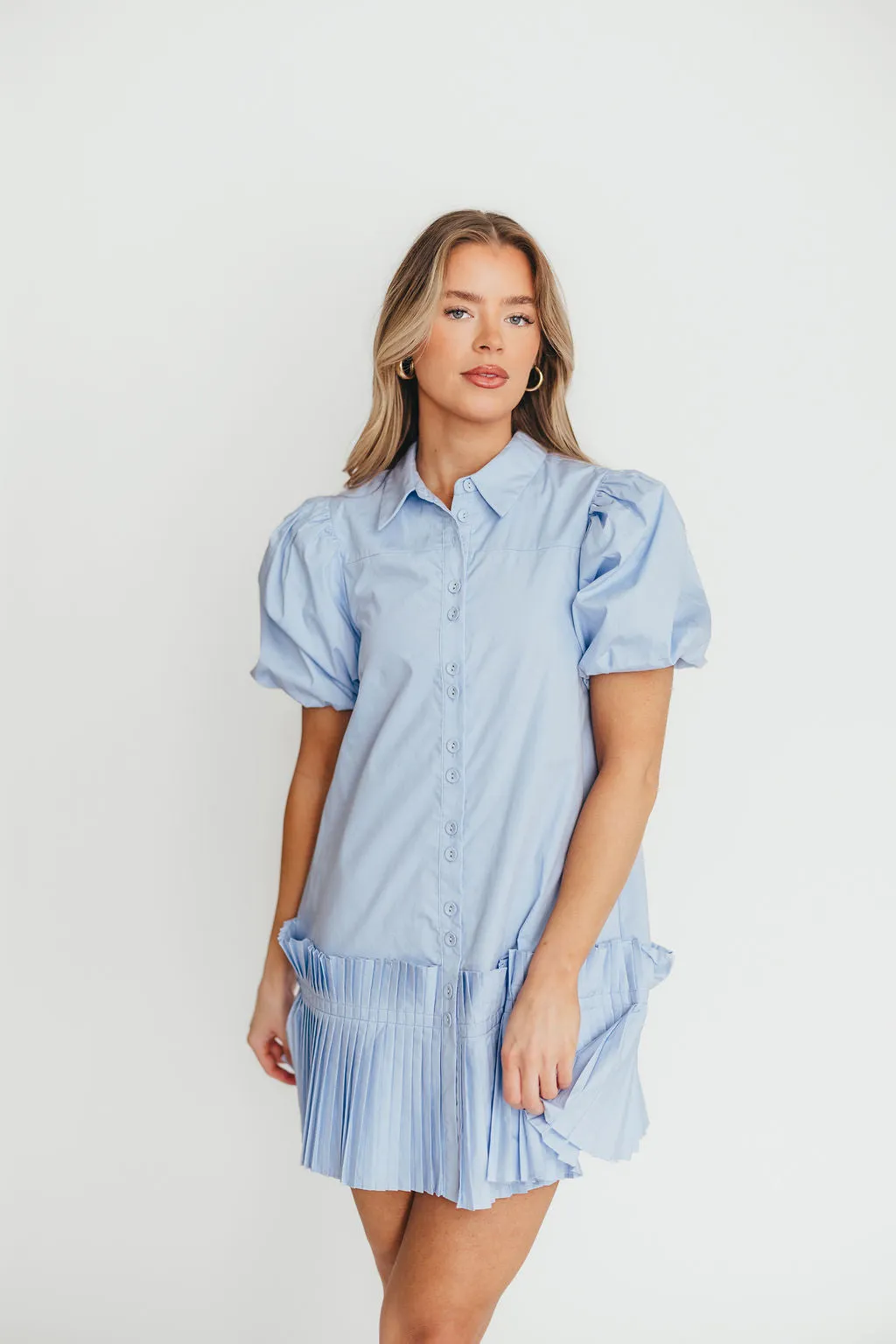 Alicia Pleated Hem Mini Dress in Powder Blue