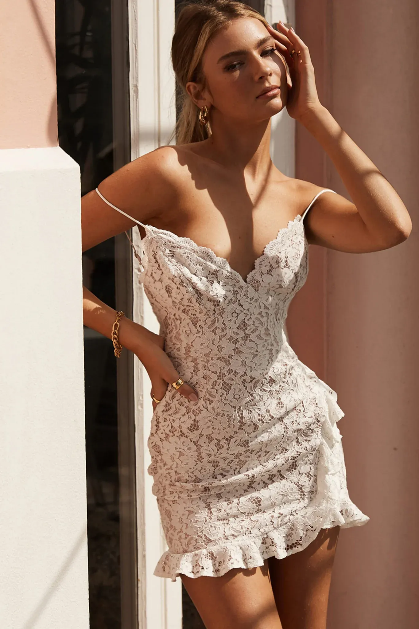 Azusa Ruffle Trim Lace Mini Dress White