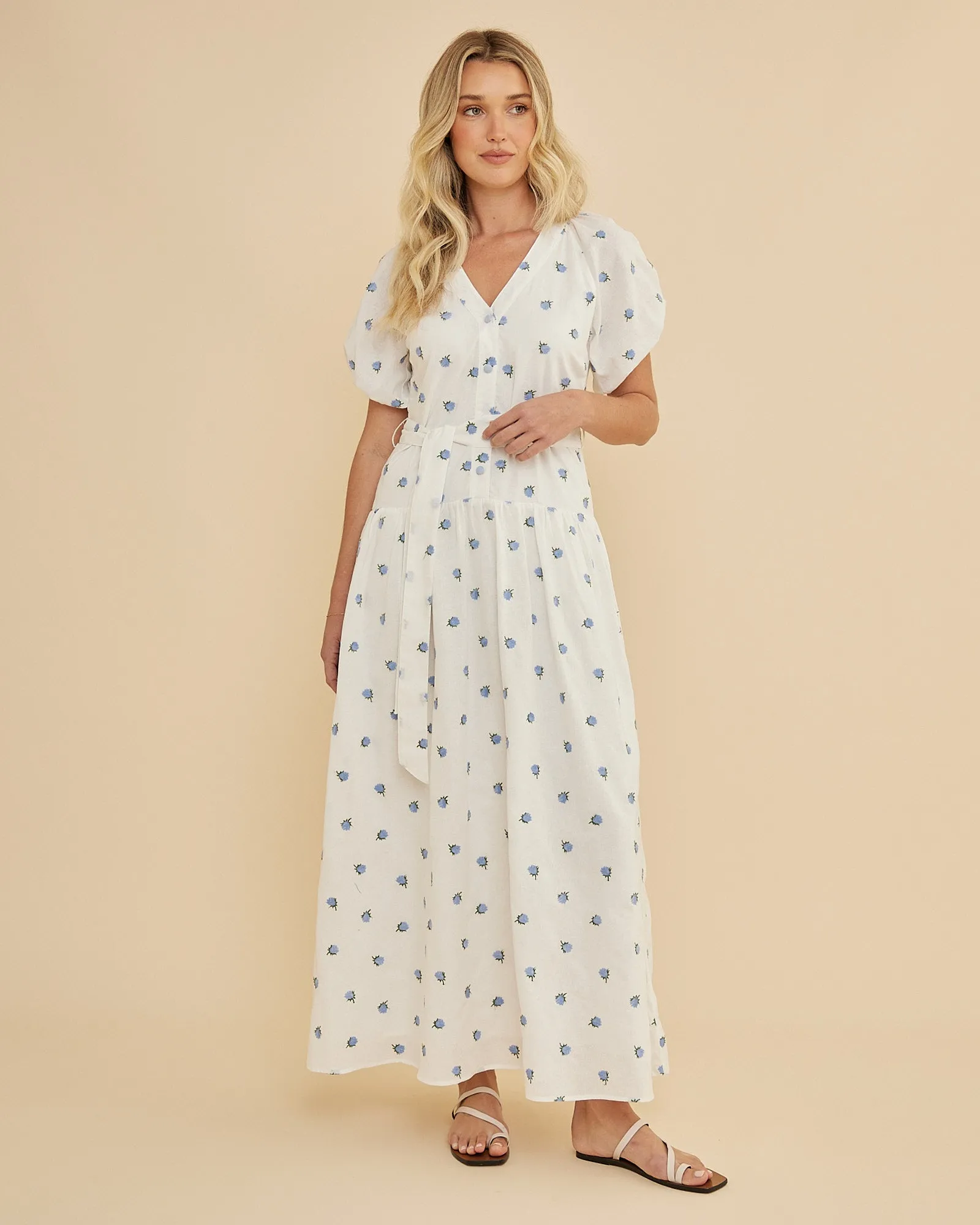 Bea Embroidered Puff Sleeve Maxi Dress