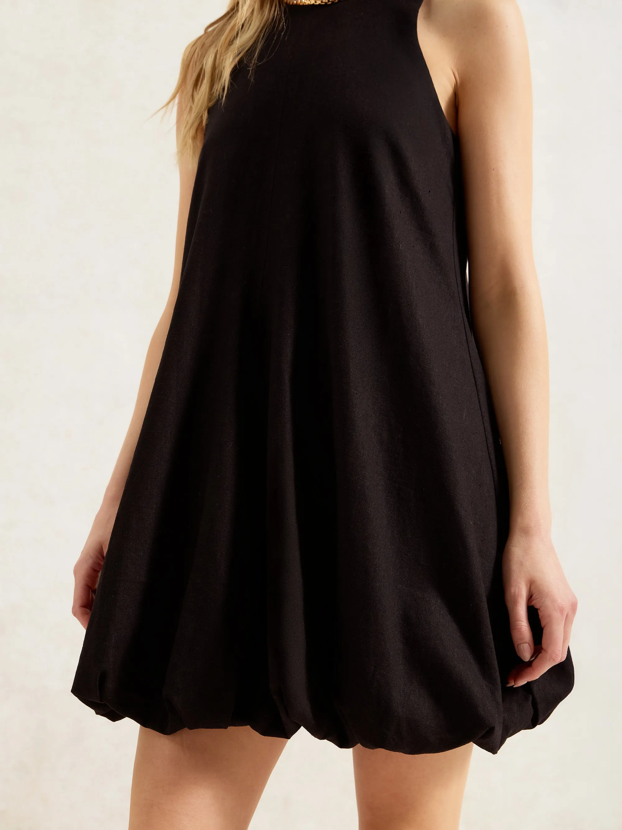 Black Puffball Linen Blend Dress
