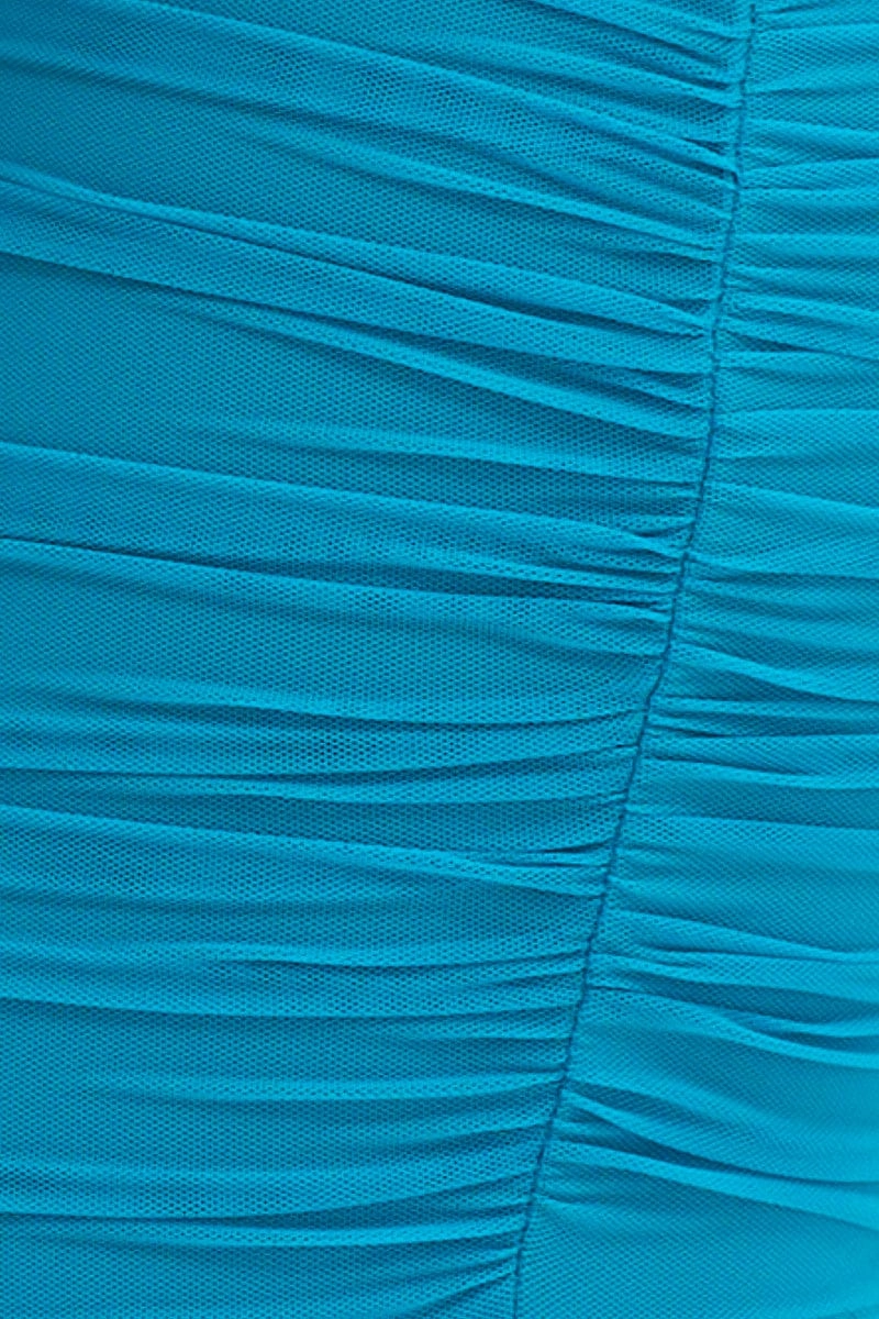 Blue Bodycon Dress Mesh Ruched Deep V Neck