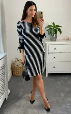 Brenda Tie Sleeve Striped Long Sleeve Dress Colour Black And White