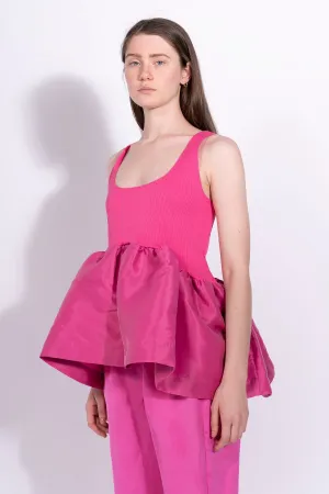 BRIGHT PINK SLEEVELESS PUFF HEM TOP