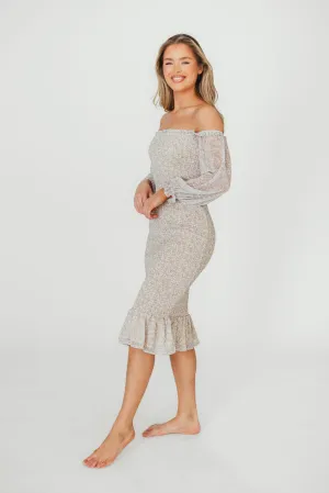 Cameron Stretchy Midi Dress with Ruffles in Beige/Blue