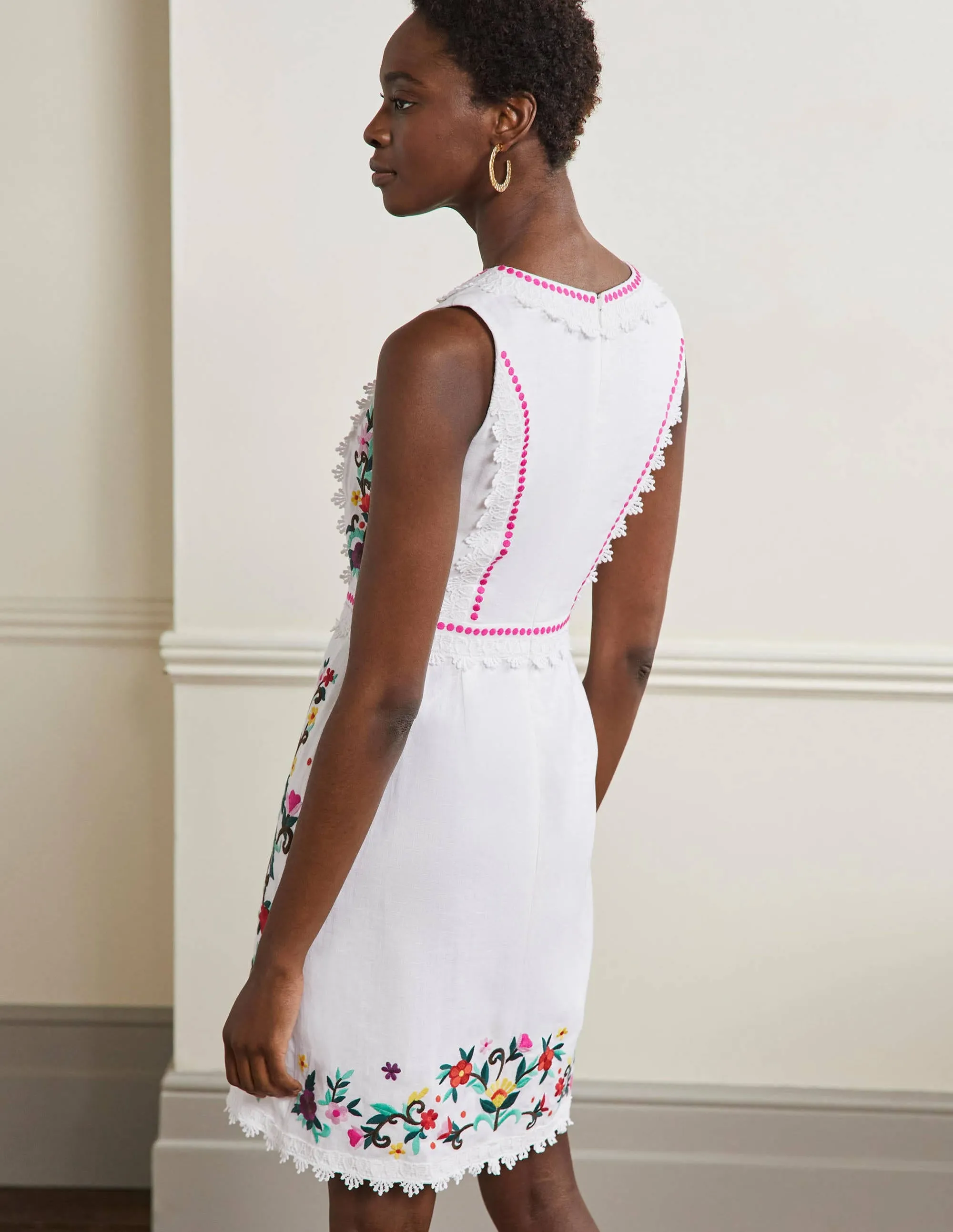Connie Embroidered Linen Dress-White
