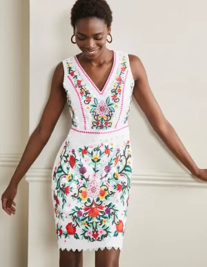 Connie Embroidered Linen Dress-White