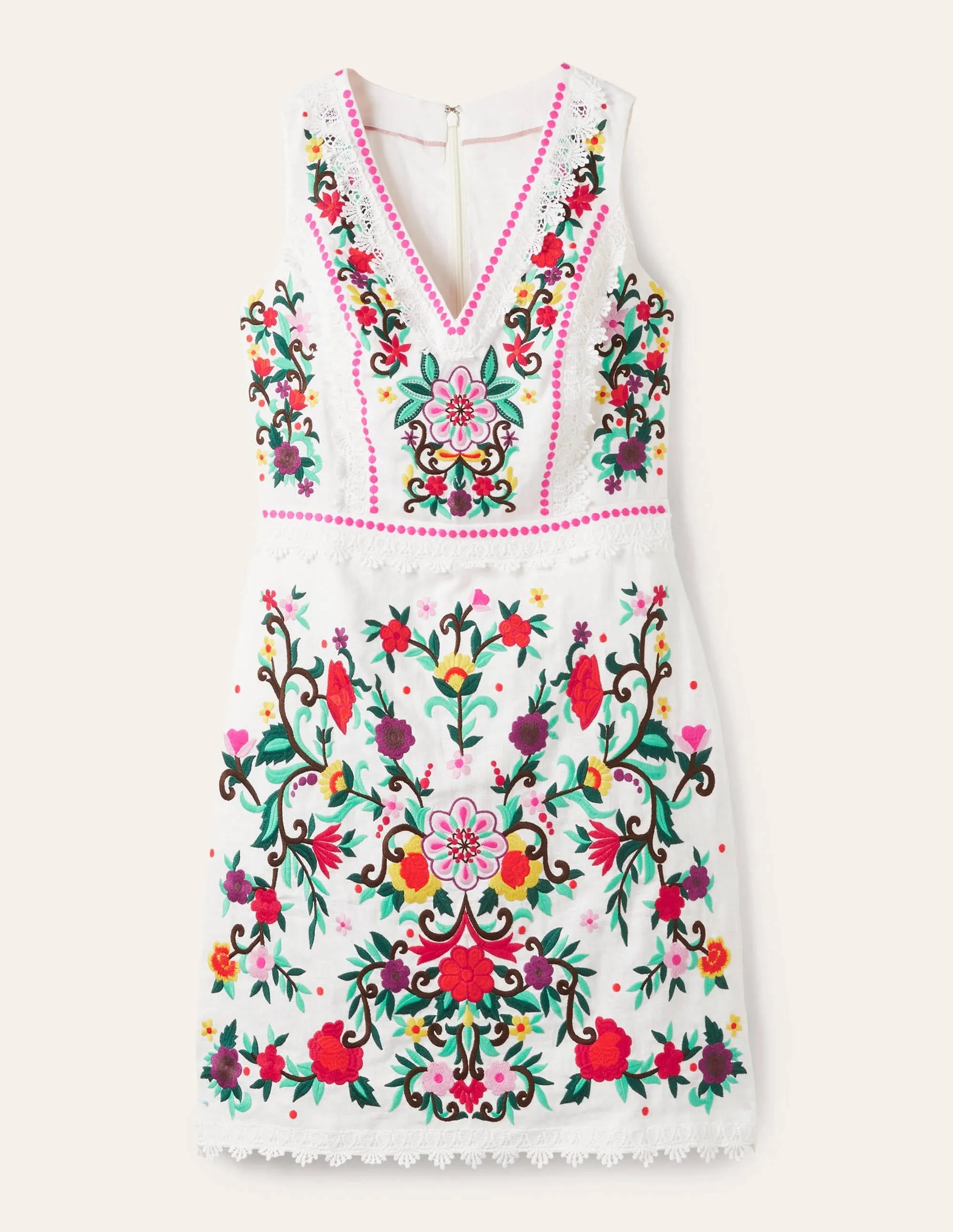 Connie Embroidered Linen Dress-White
