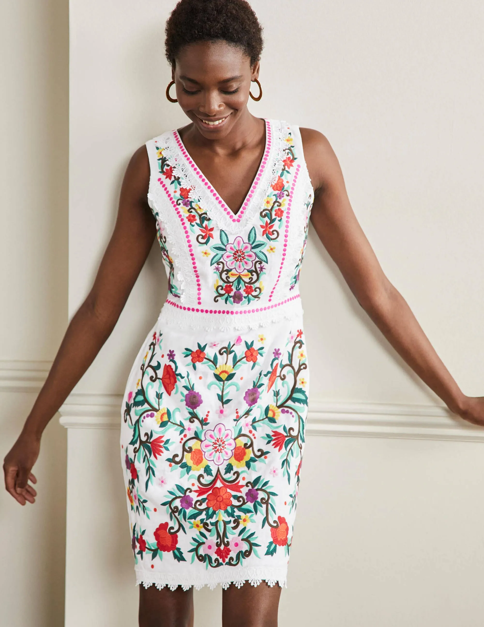 Connie Embroidered Linen Dress-White