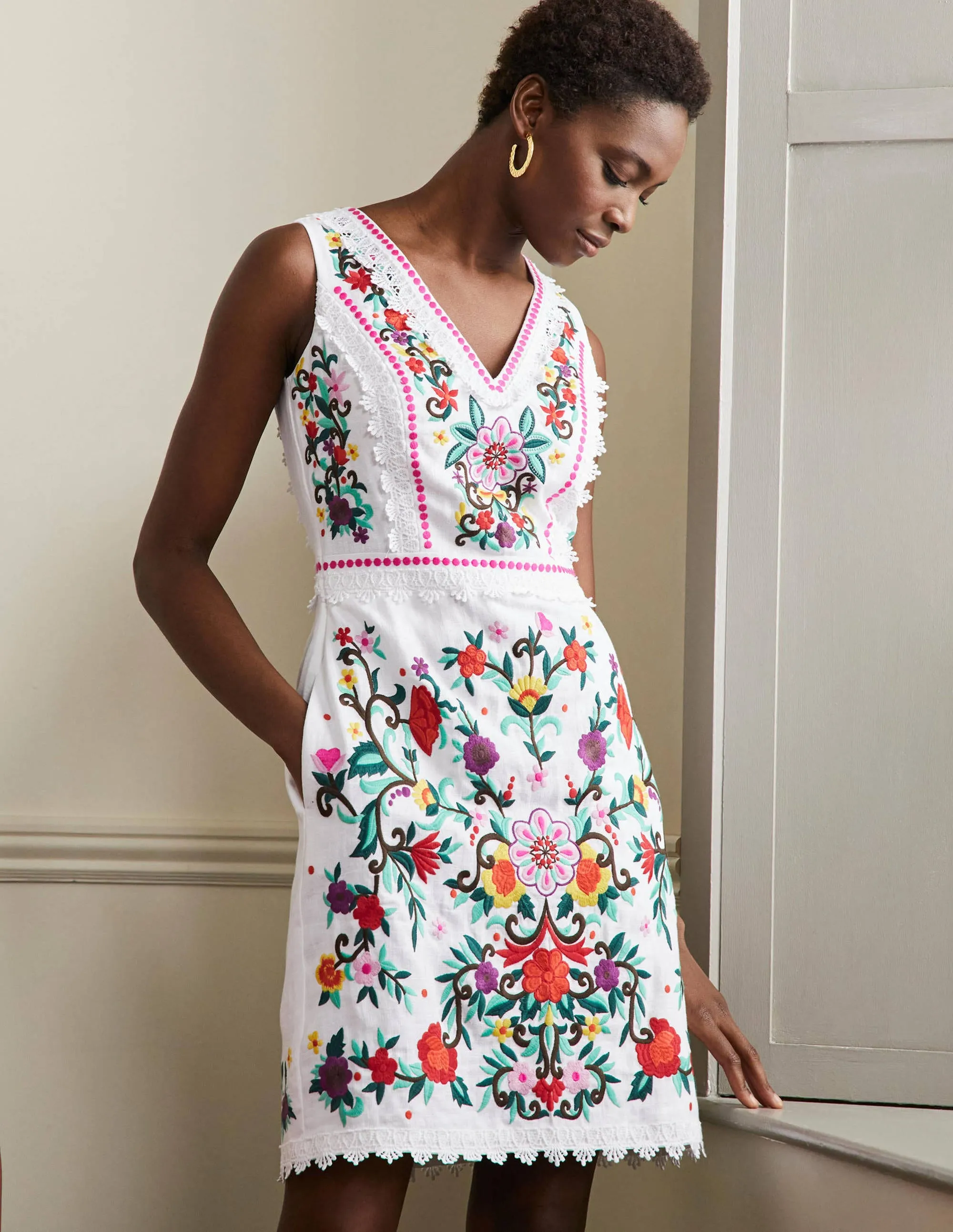 Connie Embroidered Linen Dress-White