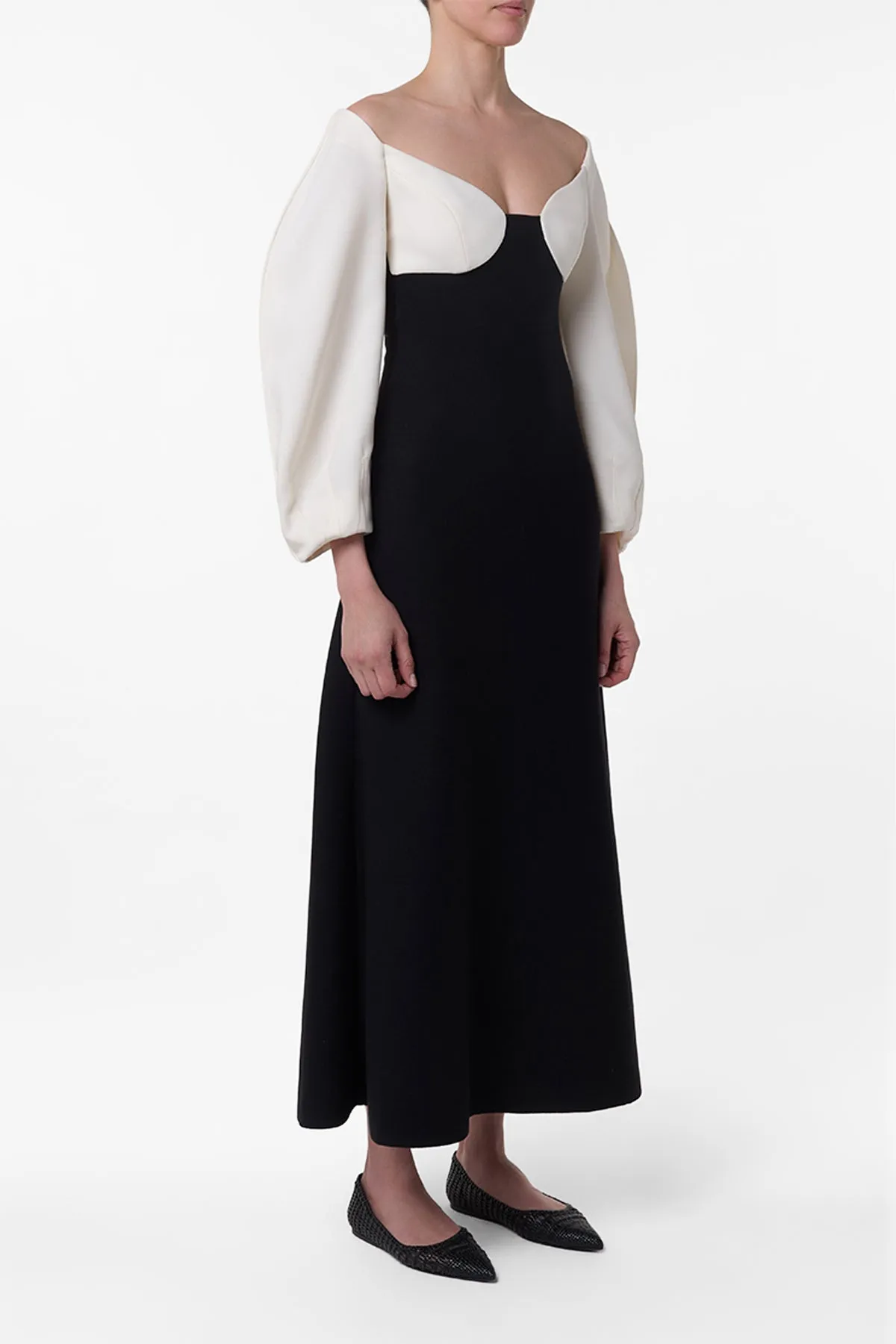 Dee Maxi Dress in Ivory & Black Wool Crepe