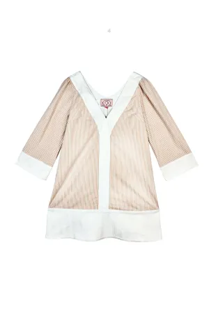 Deep V Mini Kaftan - Clementine & Khaki Seersucker