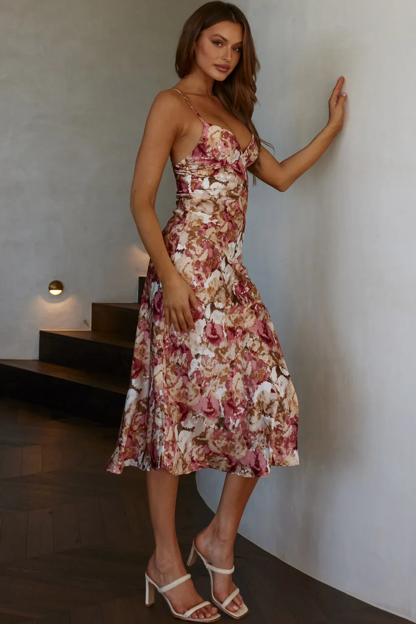 Downtown Cami Strap Front Split Midi Dress Abstract Rose