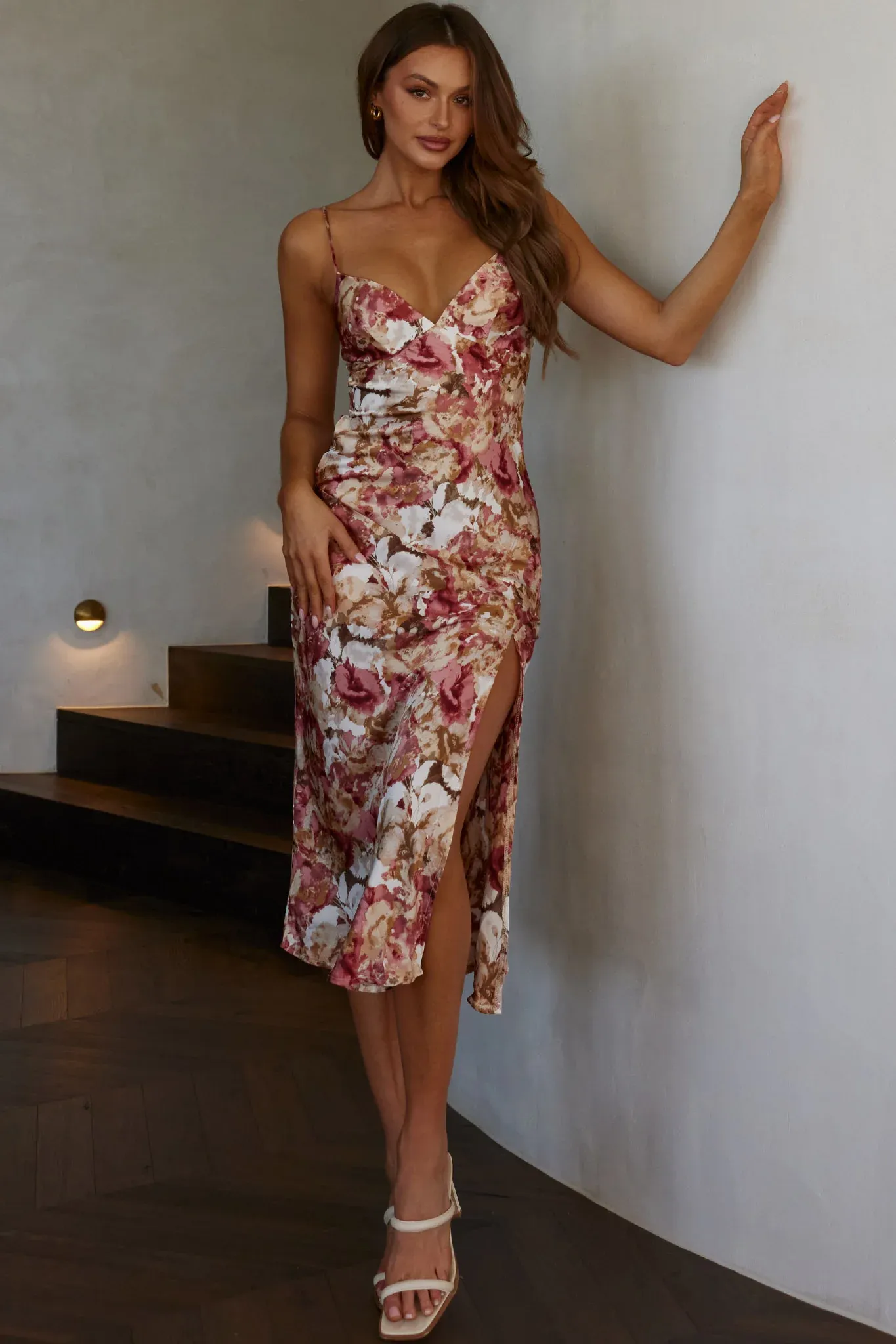 Downtown Cami Strap Front Split Midi Dress Abstract Rose