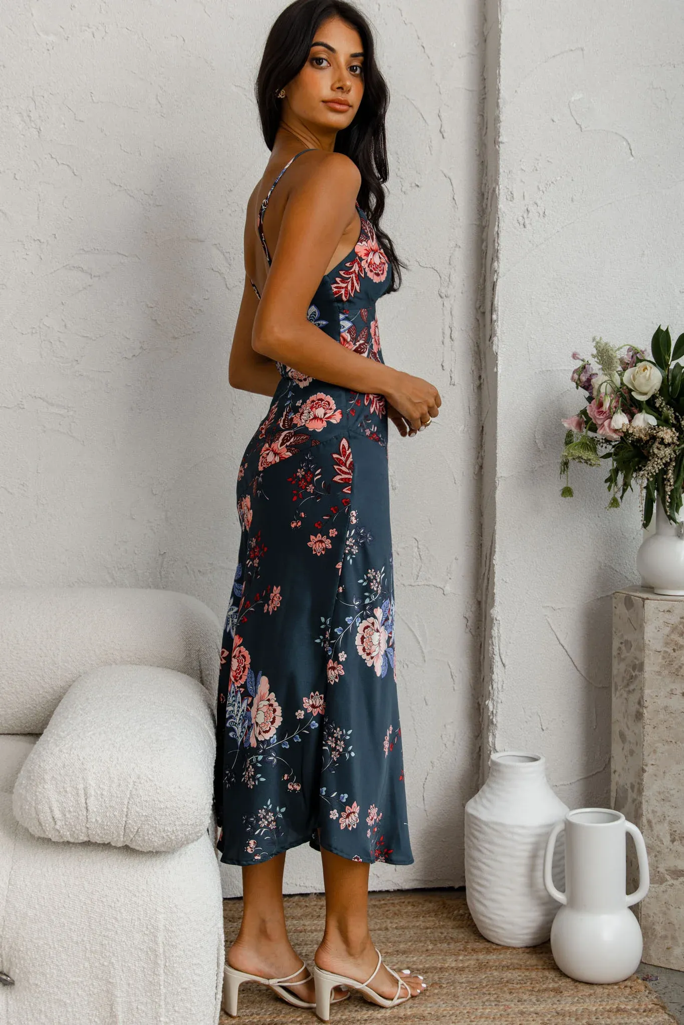 Downtown Cami Strap Front Split Midi Dress Oriental Flower Print Forest Green