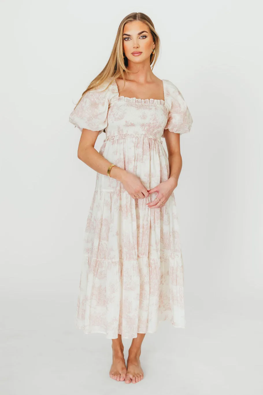 Elena 100% Cotton Toile Print Smocked Midi Dress in Pink - Bump Friendly