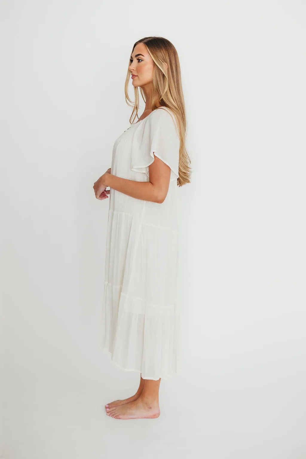 Eloise Flutter Sleeve Midi Dress in Off-White
