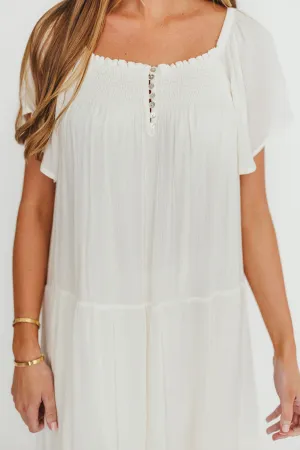 Eloise Flutter Sleeve Midi Dress in Off-White