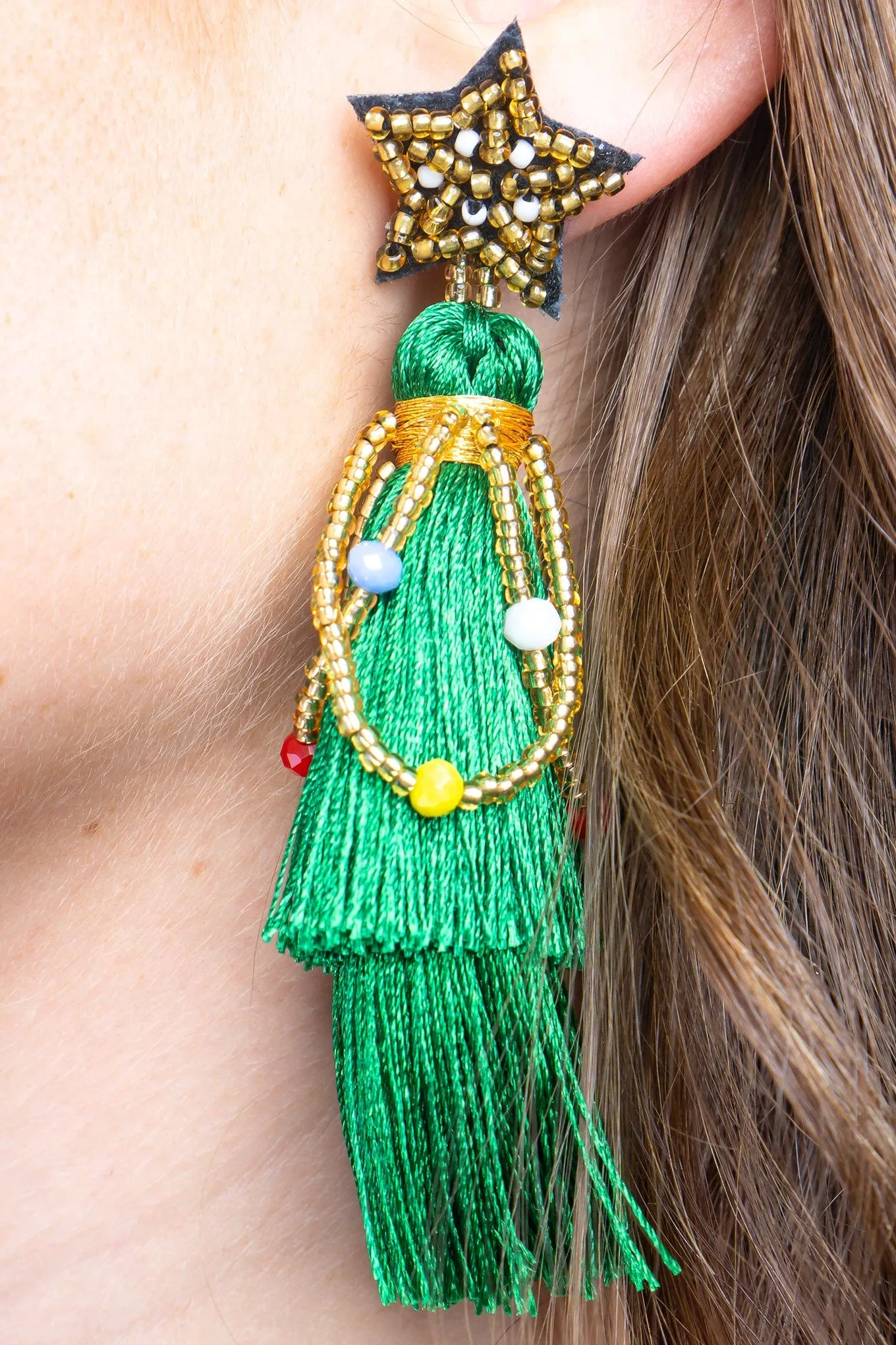 Fashion Green Rice Beads Braided Five-pointed Star Tassel Christmas Earrings