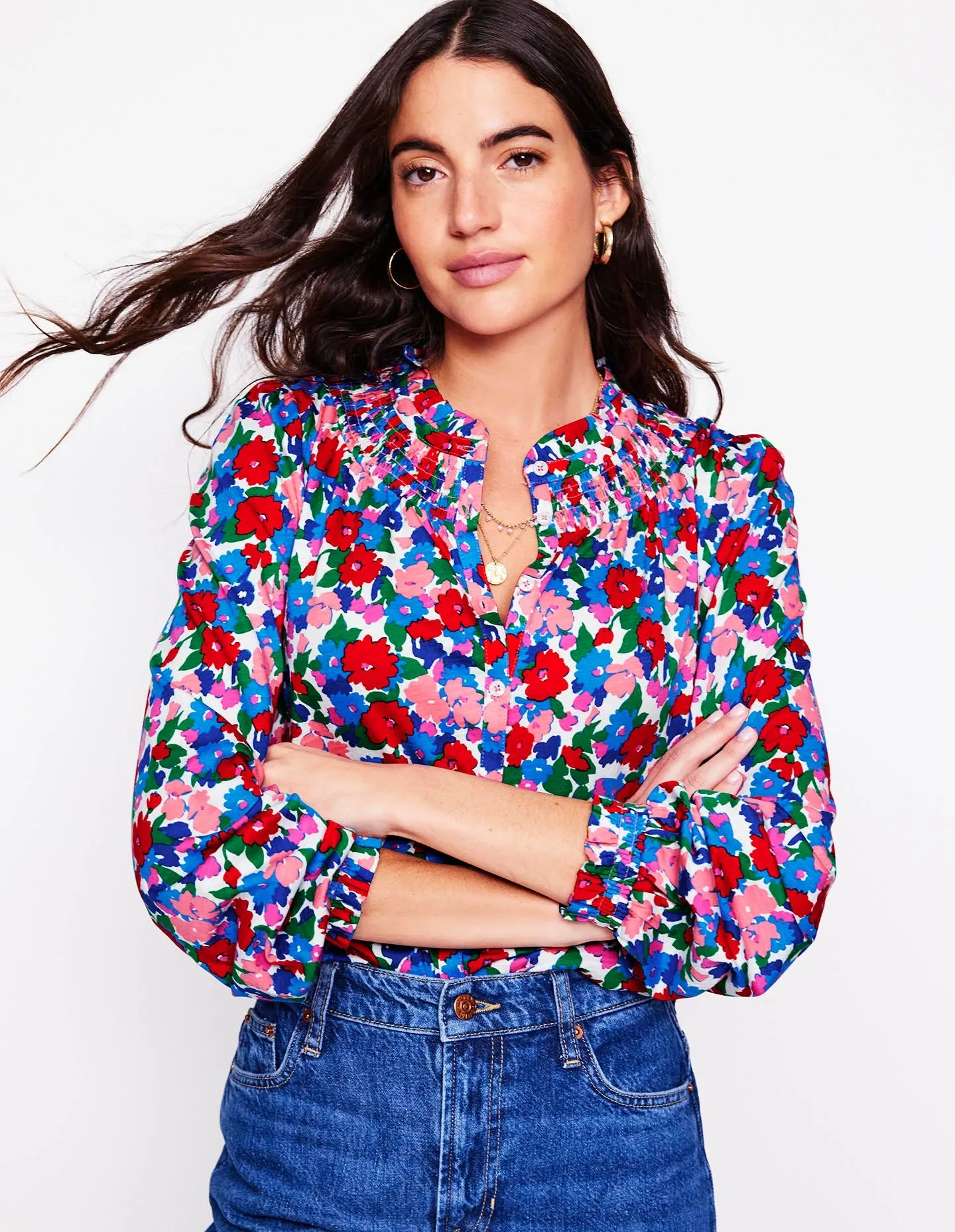 Fay Smocked Jersey Shirt-Painterly Meadow