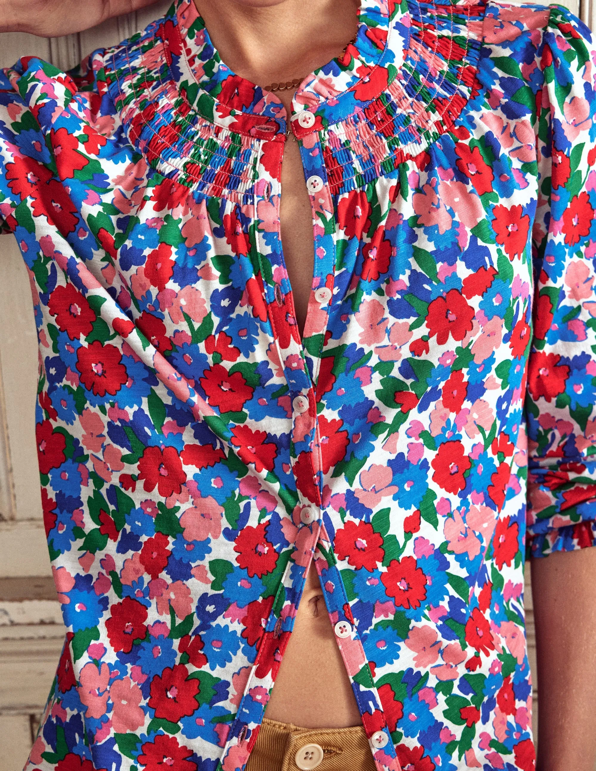 Fay Smocked Jersey Shirt-Painterly Meadow