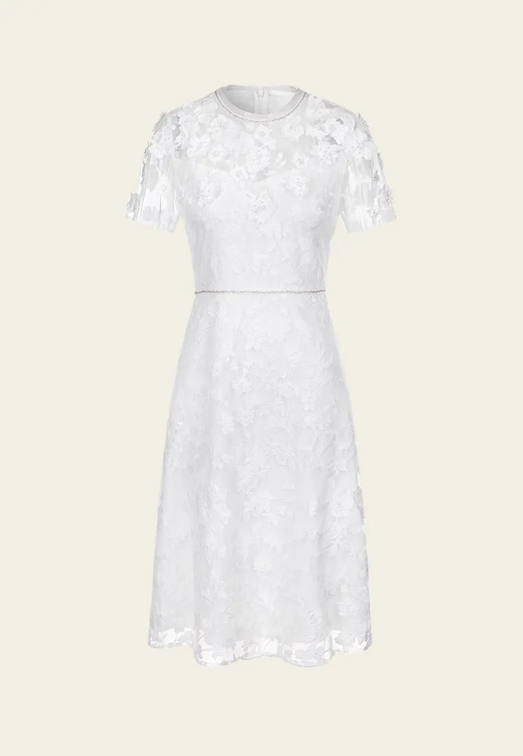 Floral-appliqué Beaded-detail Embroidered Mesh Dress