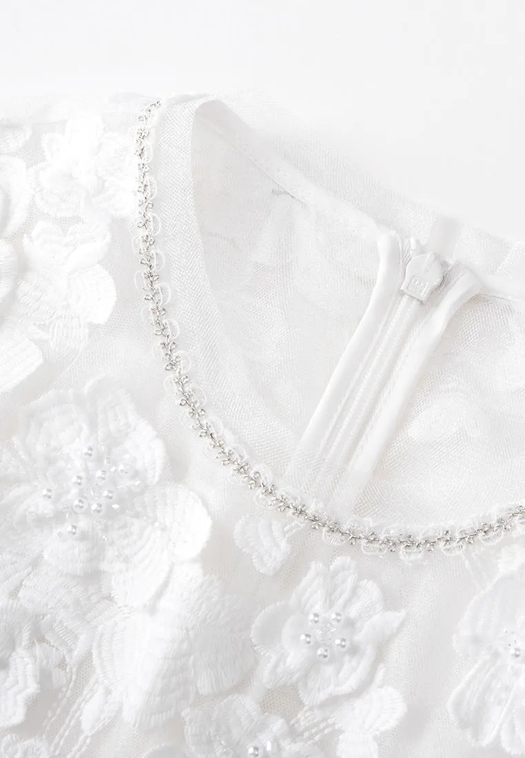Floral-appliqué Beaded-detail Embroidered Mesh Dress