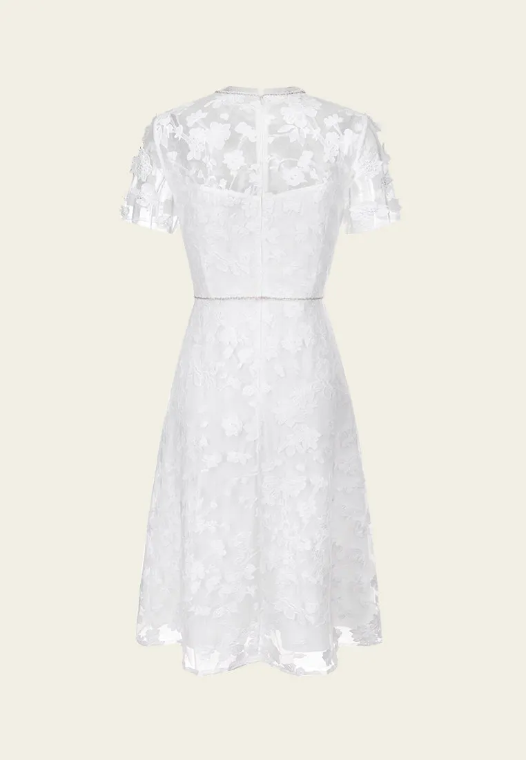 Floral-appliqué Beaded-detail Embroidered Mesh Dress