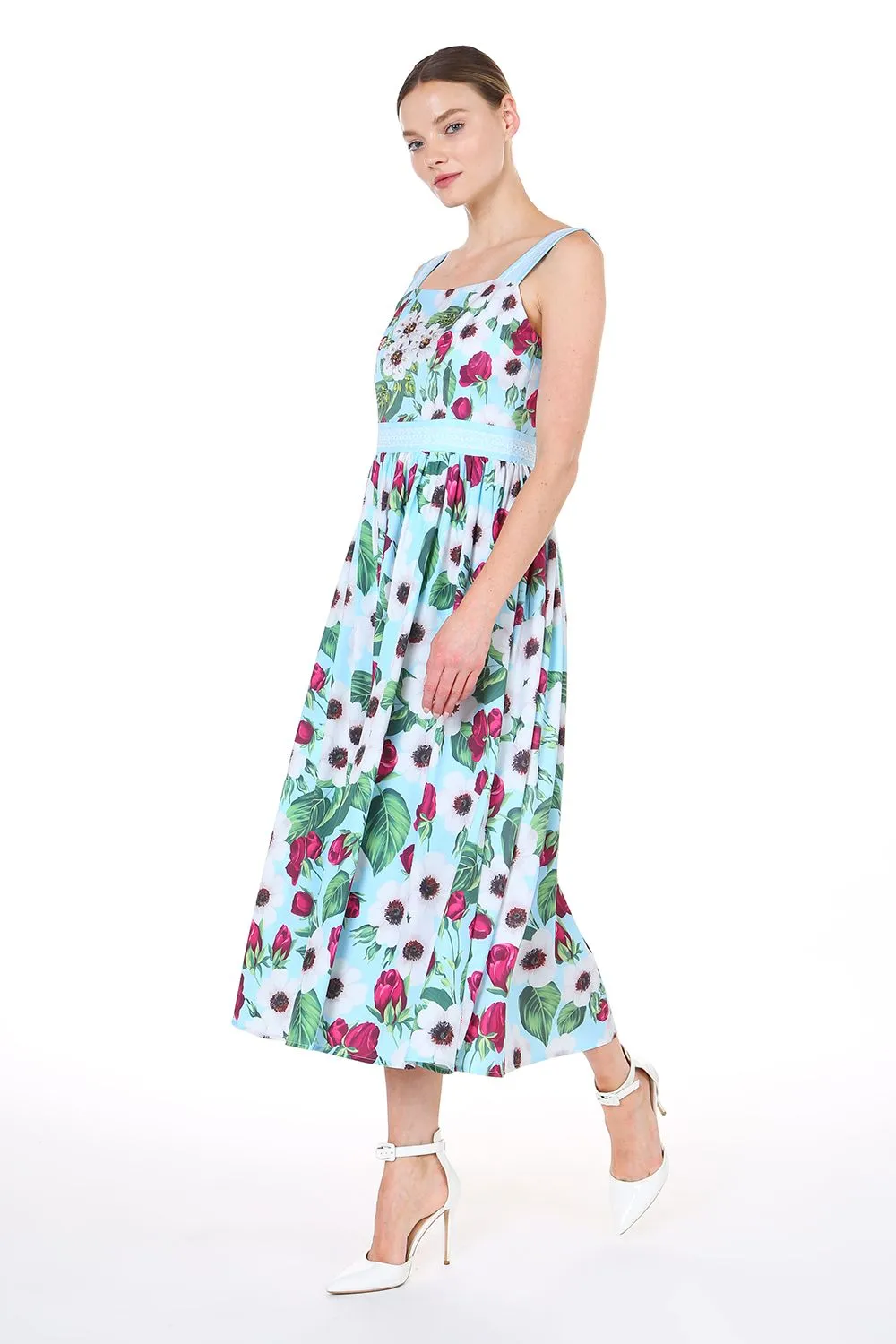 Floral Sleeveless Strap Midi Dress