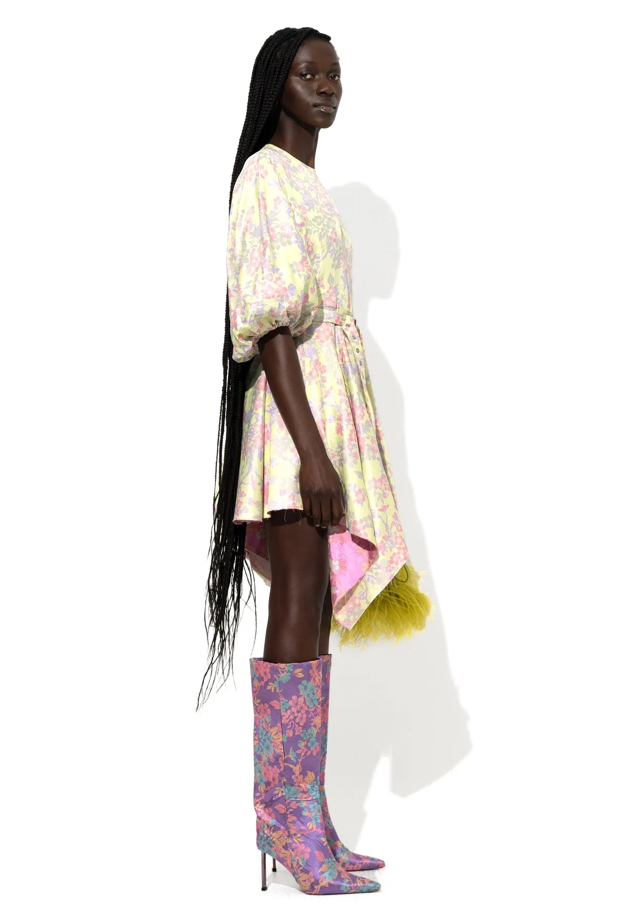 FLOWER BROCADE BALLOON SLEEVE DRESS