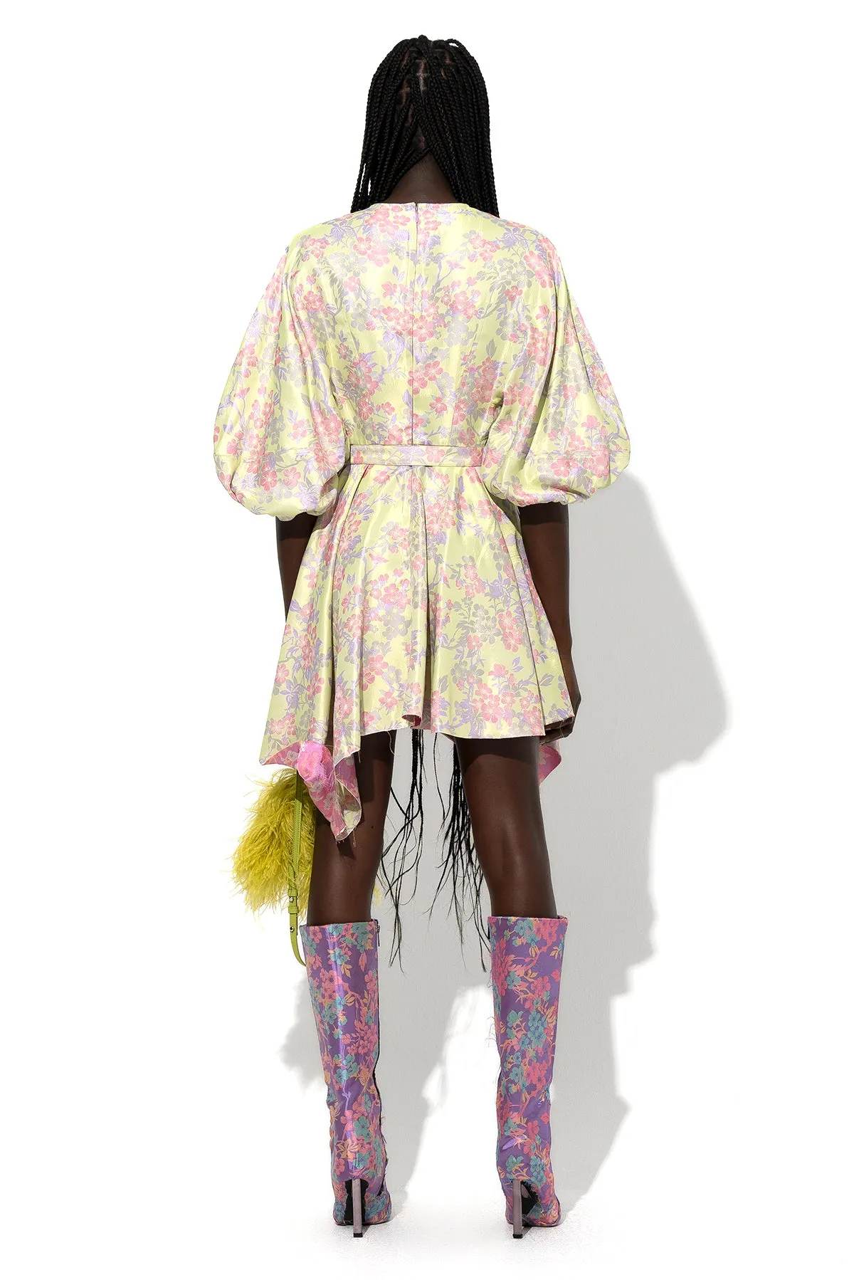 FLOWER BROCADE BALLOON SLEEVE DRESS