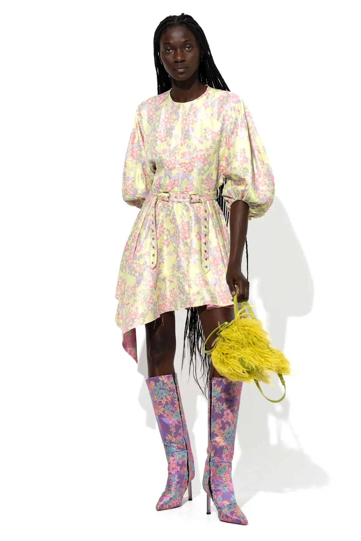 FLOWER BROCADE BALLOON SLEEVE DRESS