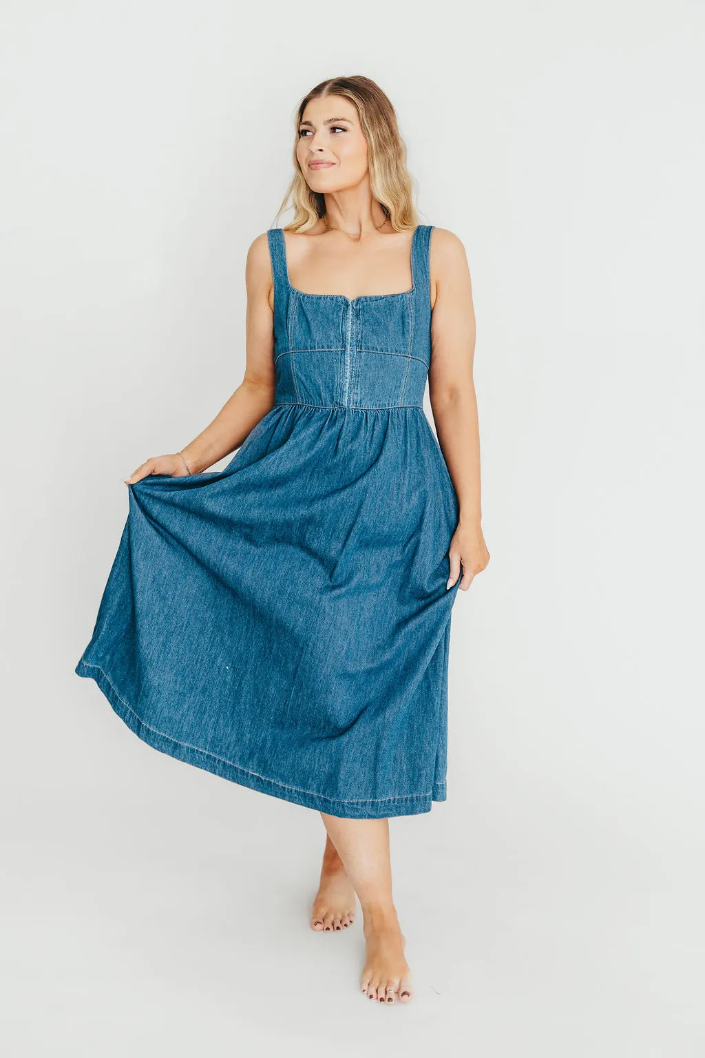 Frankie 100% Cotton Bustier Midi Dress in Denim