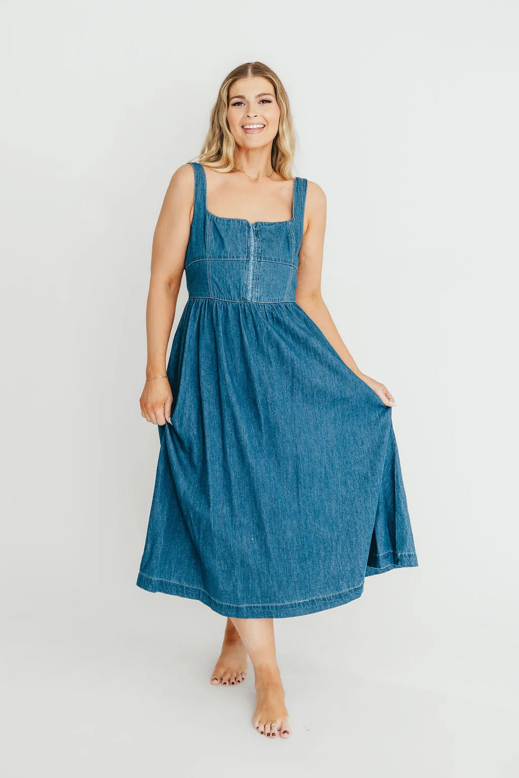 Frankie 100% Cotton Bustier Midi Dress in Denim
