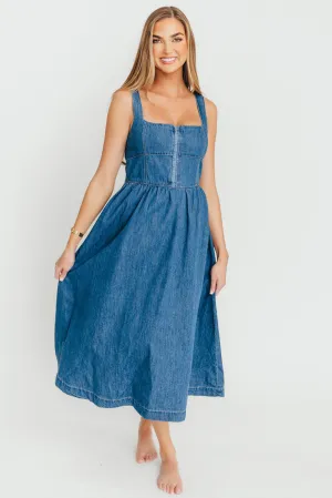 Frankie 100% Cotton Bustier Midi Dress in Denim
