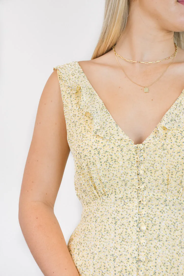 Frill Seeker Golden Ditsy Fleck Georgette Button Front Ruffle Neck Midi Dress