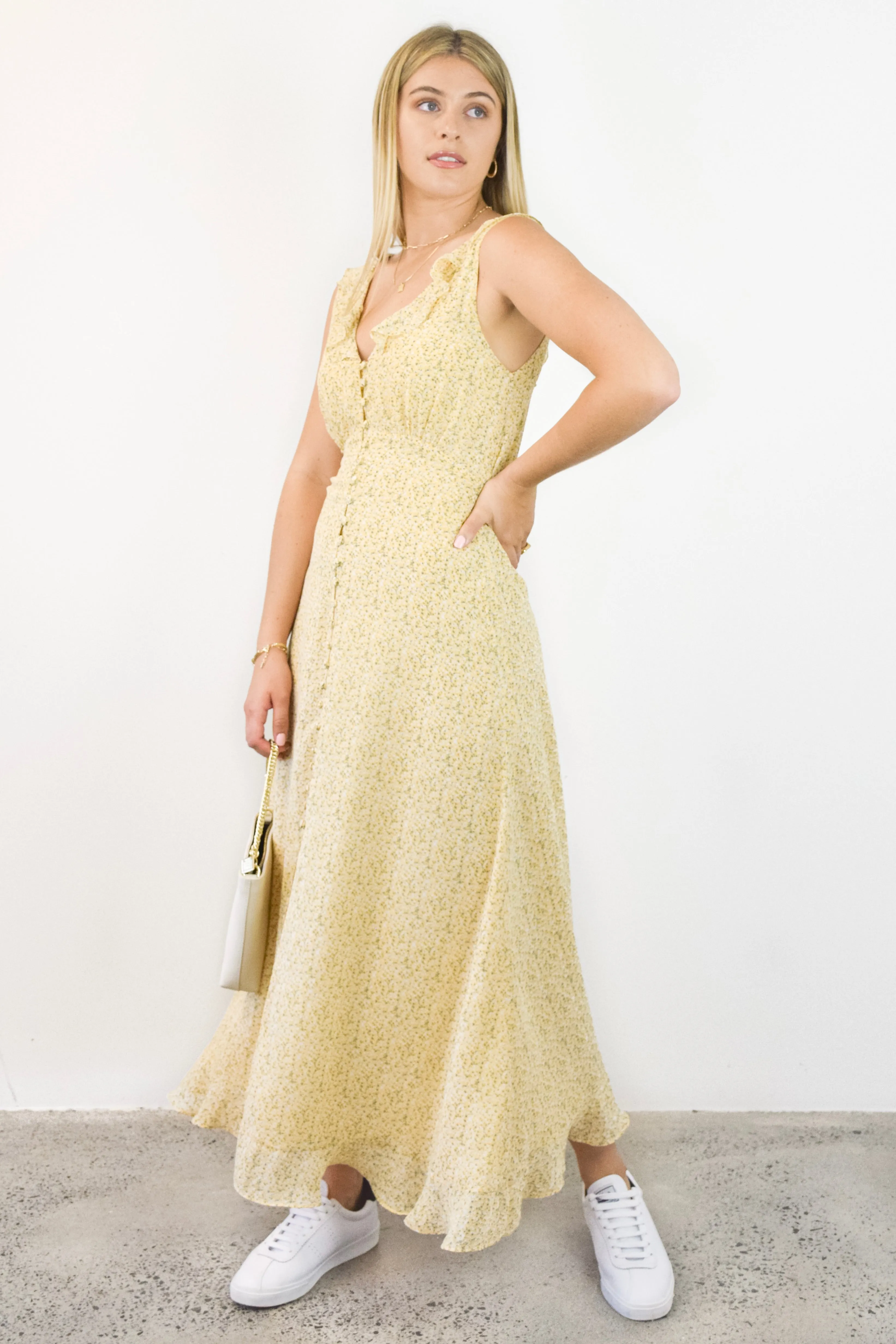 Frill Seeker Golden Ditsy Fleck Georgette Button Front Ruffle Neck Midi Dress