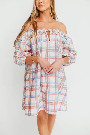 Inaya 100% Cotton Puff Sleeve Babydoll Mini Dress in Blue Multi
