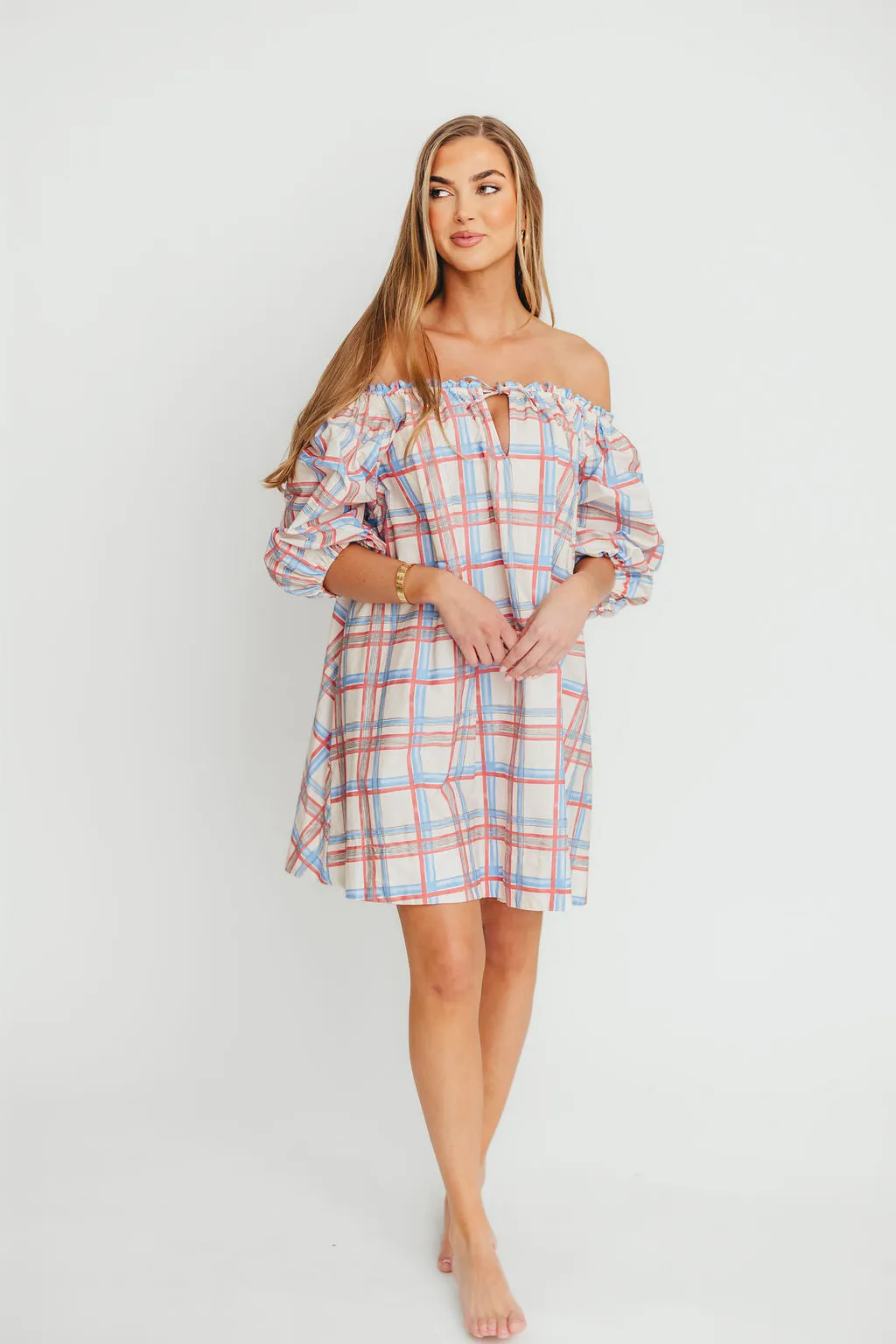 Inaya 100% Cotton Puff Sleeve Babydoll Mini Dress in Blue Multi