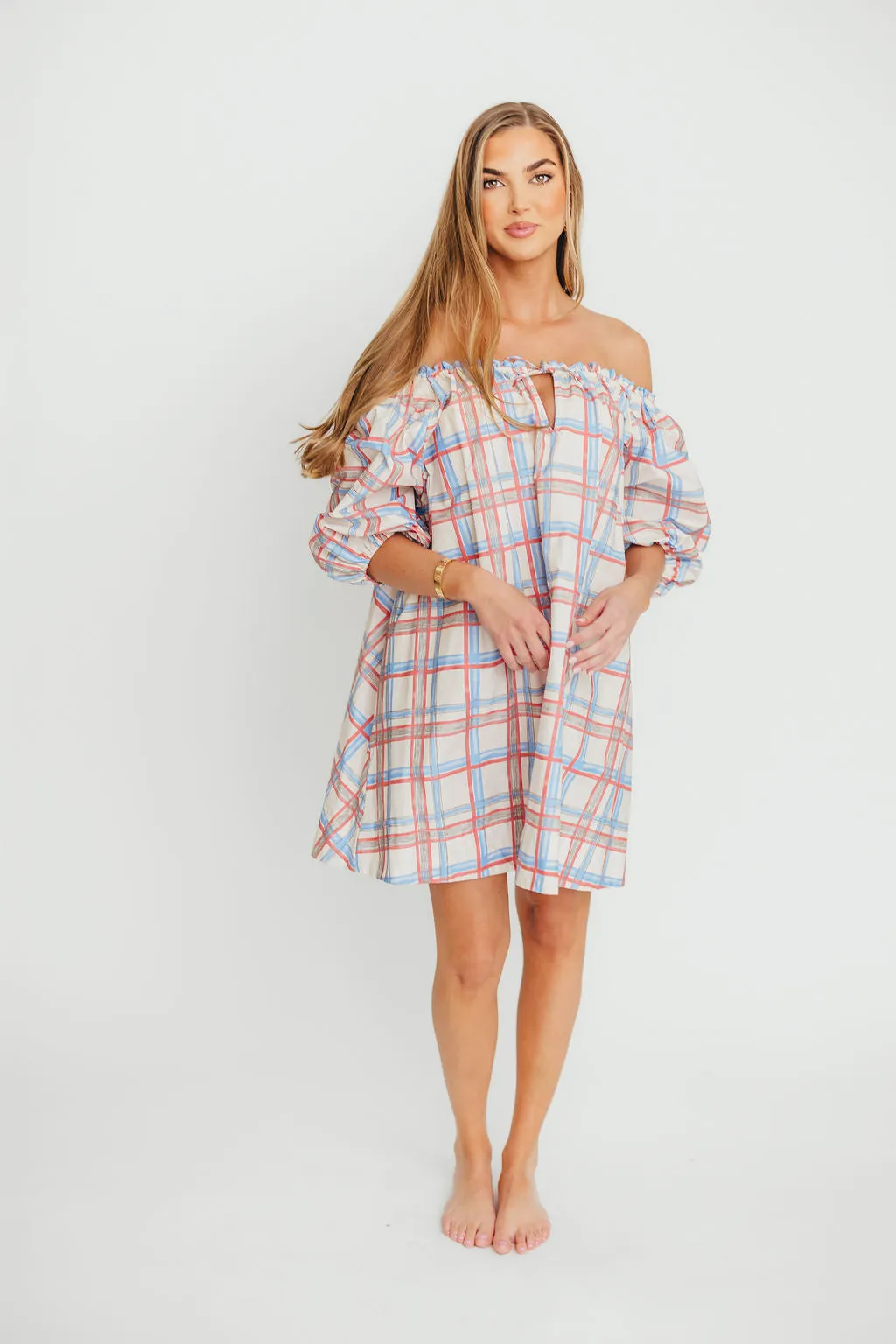 Inaya 100% Cotton Puff Sleeve Babydoll Mini Dress in Blue Multi
