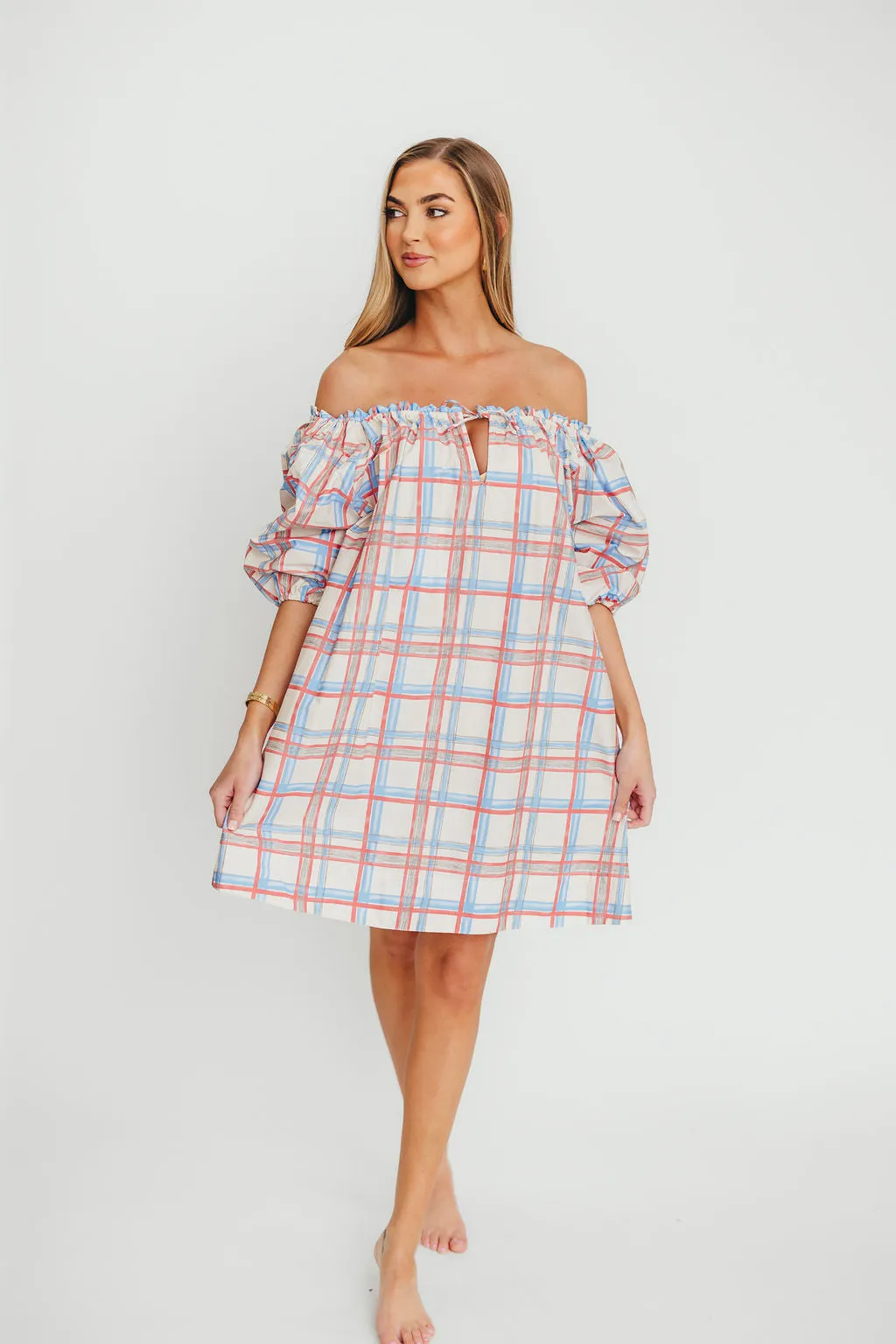 Inaya 100% Cotton Puff Sleeve Babydoll Mini Dress in Blue Multi
