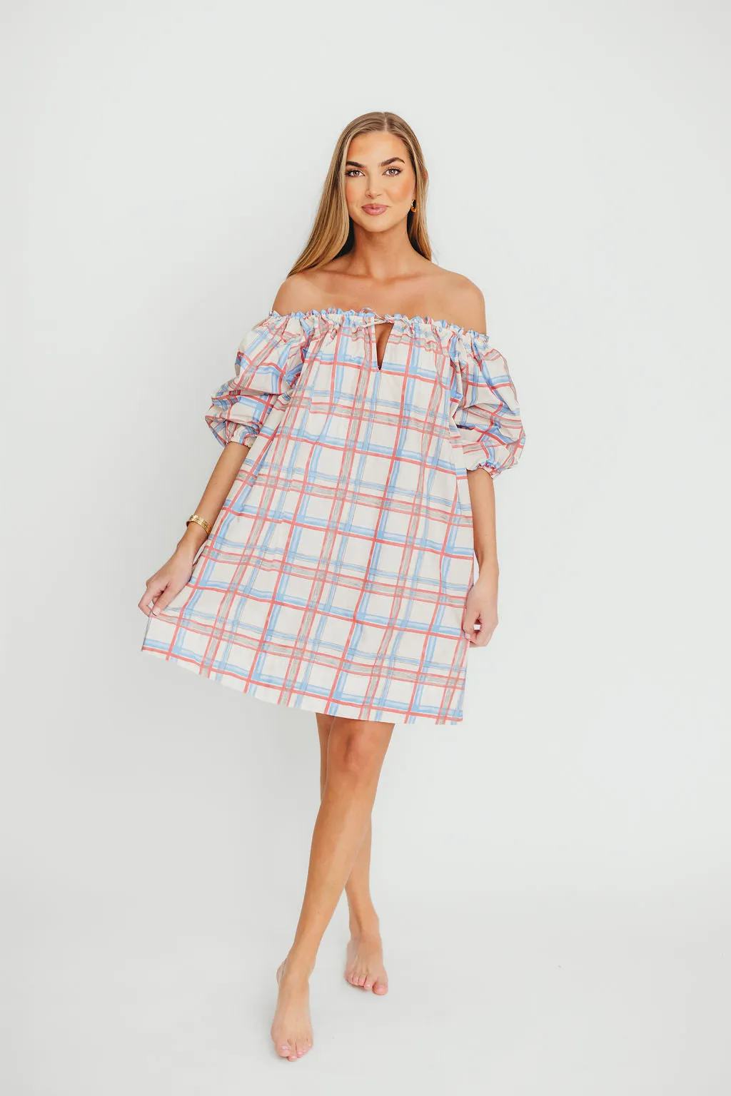 Inaya 100% Cotton Puff Sleeve Babydoll Mini Dress in Blue Multi