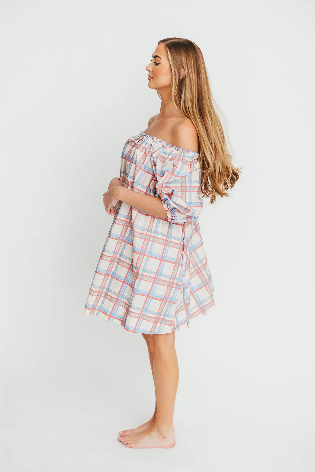 Inaya 100% Cotton Puff Sleeve Babydoll Mini Dress in Blue Multi