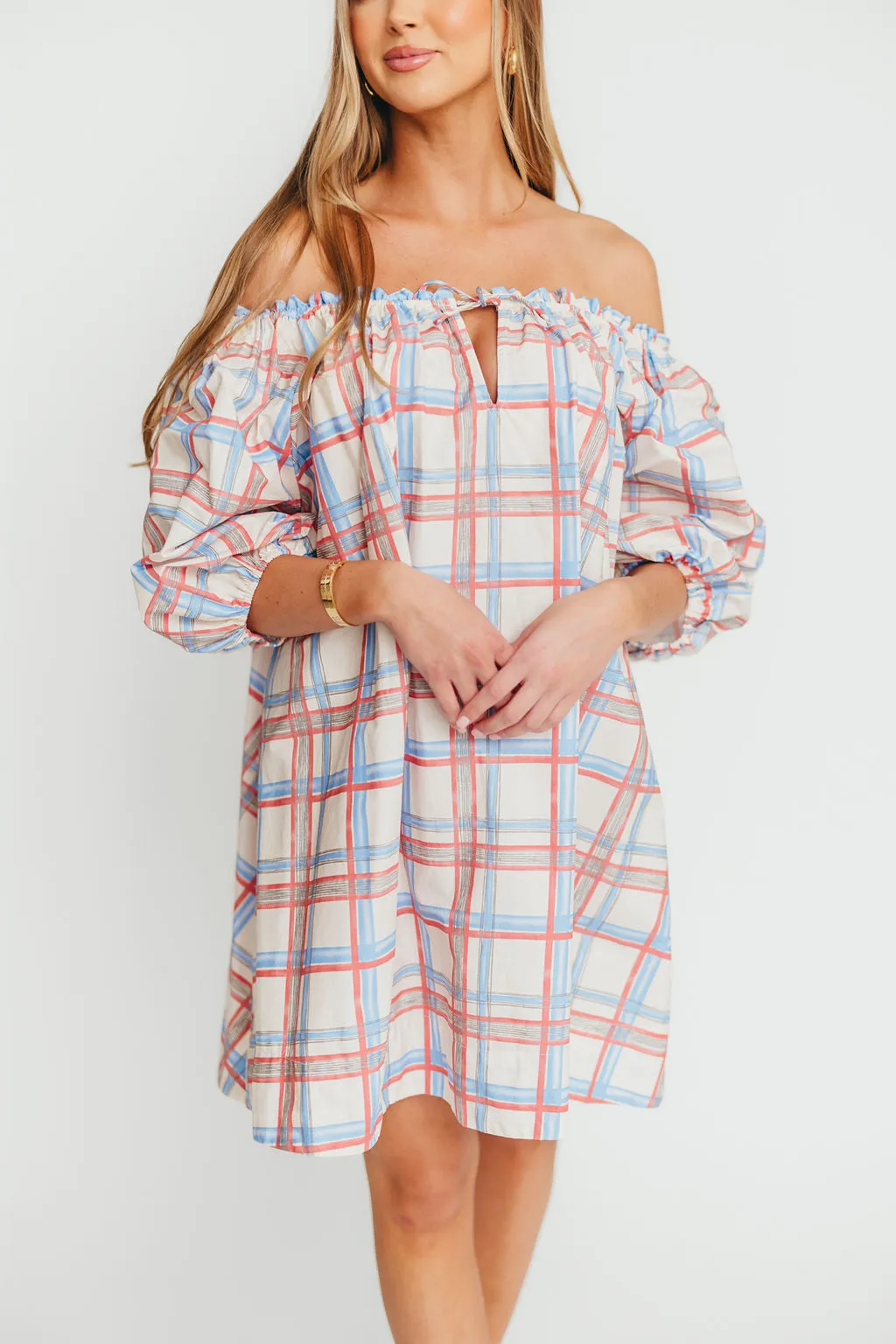 Inaya 100% Cotton Puff Sleeve Babydoll Mini Dress in Blue Multi