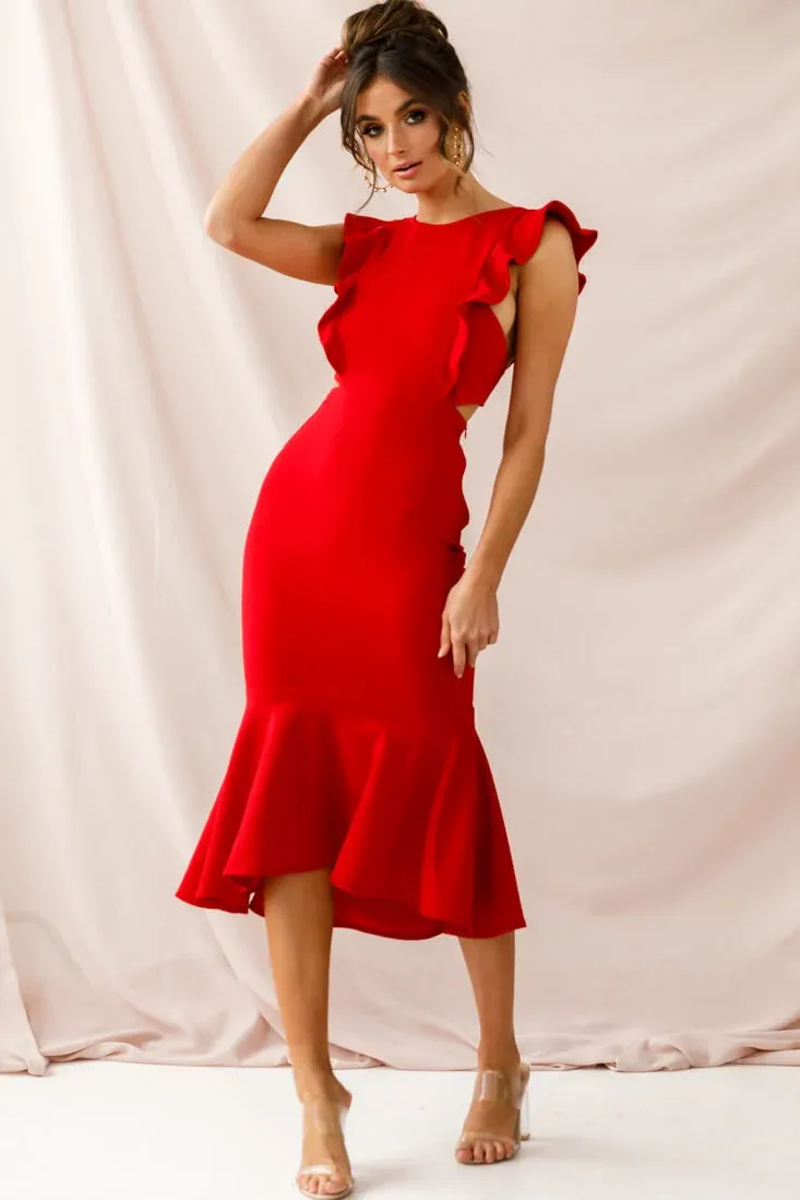 Jackie Wide Ruffle Hem Pinafore Midi Dress Red