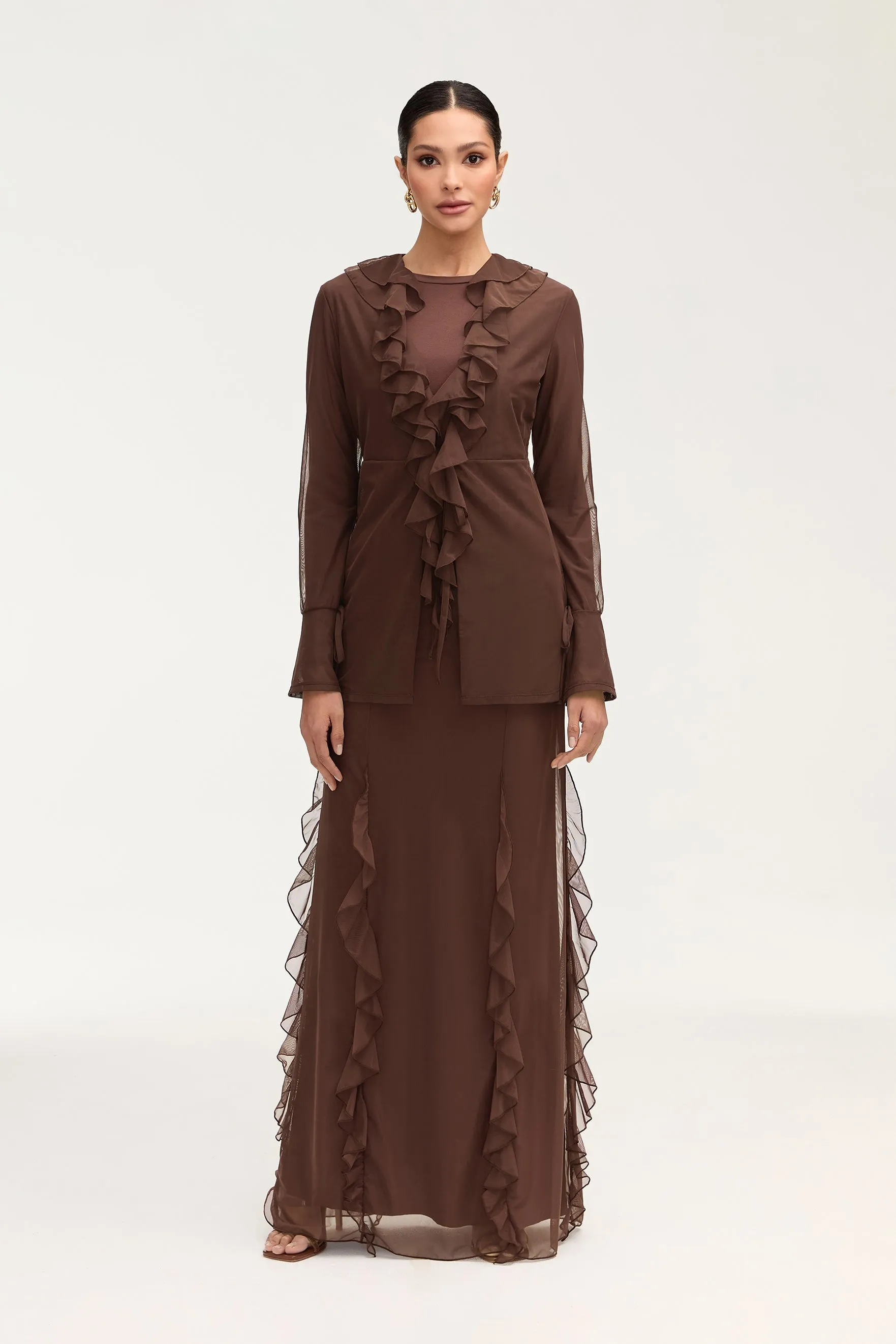Jida Ruffle Tie Front Top - Espresso