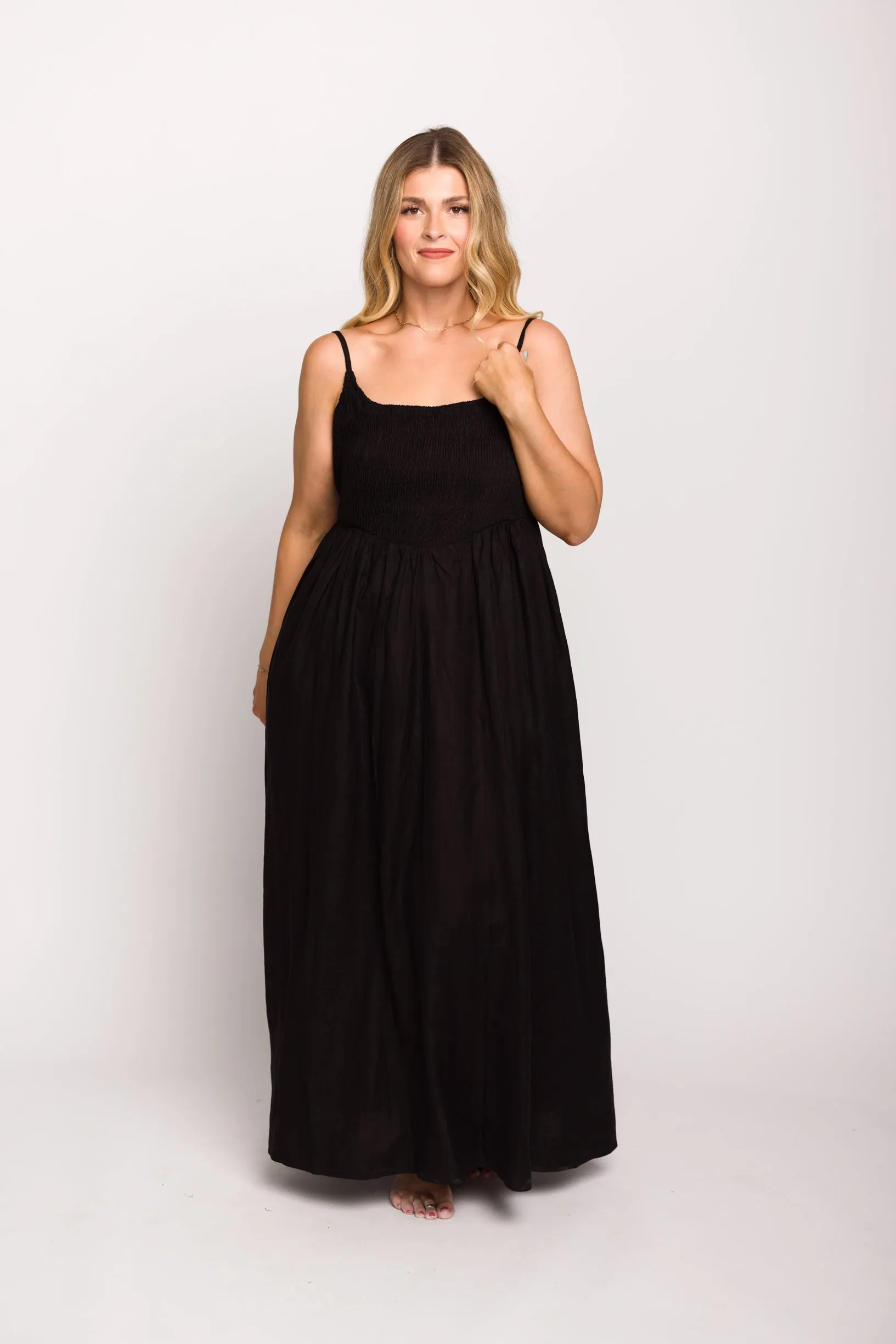 Josefina Smocked Maxi Dress in Black - Bump Friendly