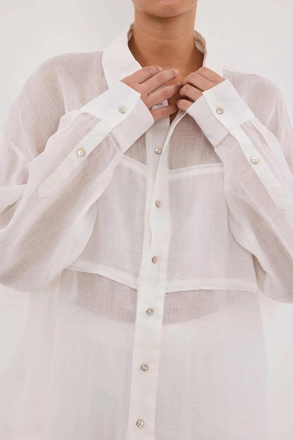 KAI WHITE OVERSIZED RAMIE SLEEVED SHIRT