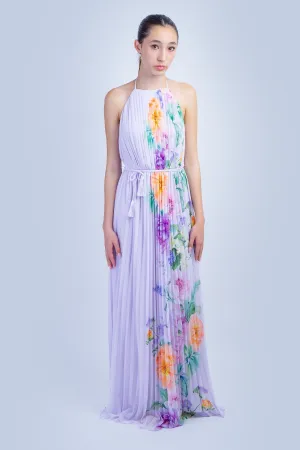 Lavender Orange Floral Pleated Halter Gown