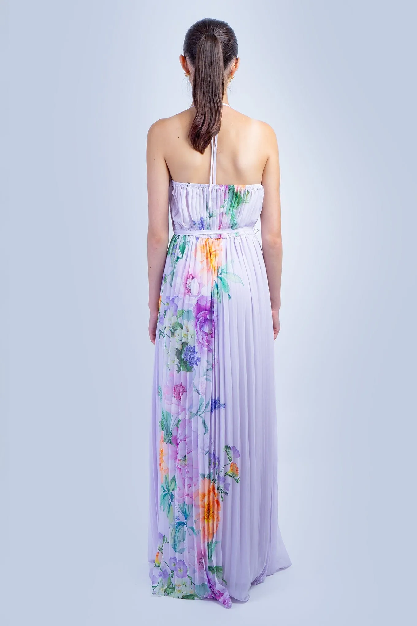 Lavender Orange Floral Pleated Halter Gown